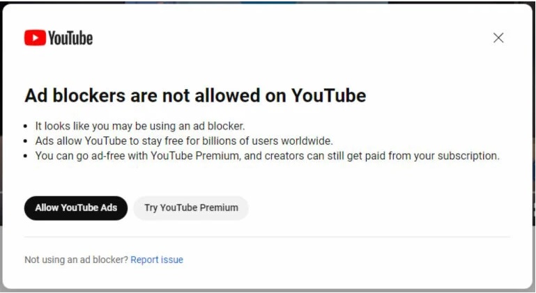 YouTube отказывается показывать видео если включен блокировщик рекламы